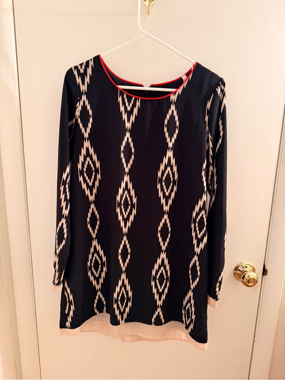 Black Graphic Ikat Tunic with Pink Trim